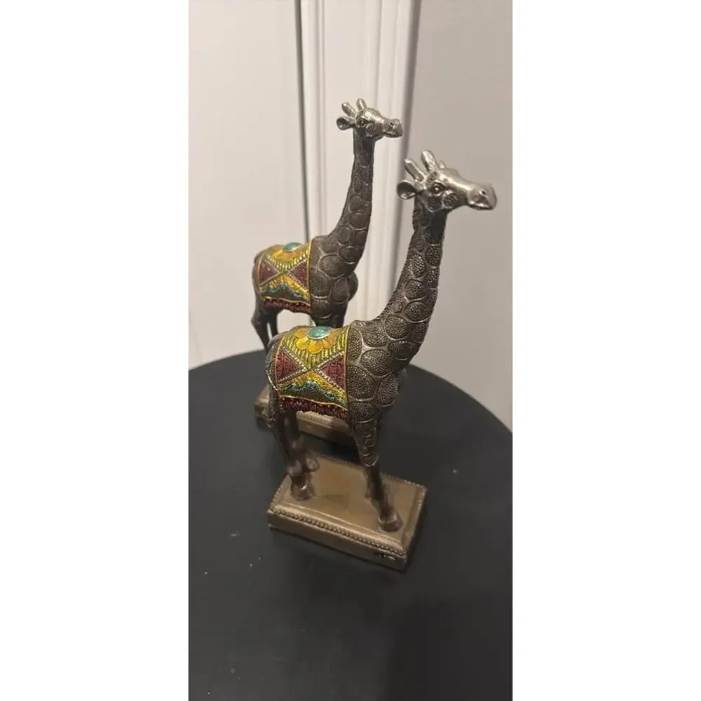 Modern Lightweight Bronze Patina Giraffe Statues Jeweled Saddles Set of 2